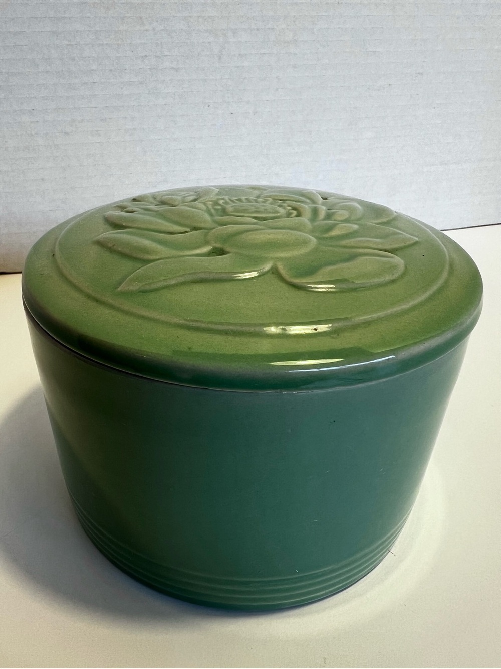 Vintage Celadon Green Ceramic Tobacco Humidor - Embossed Relief Floral Cannister